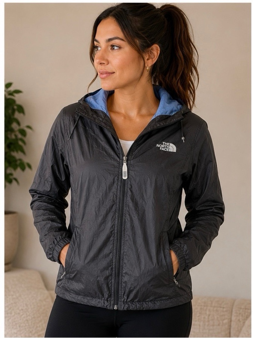 The North Face Women's Black Hooded Packable Jacket with Blue Lining